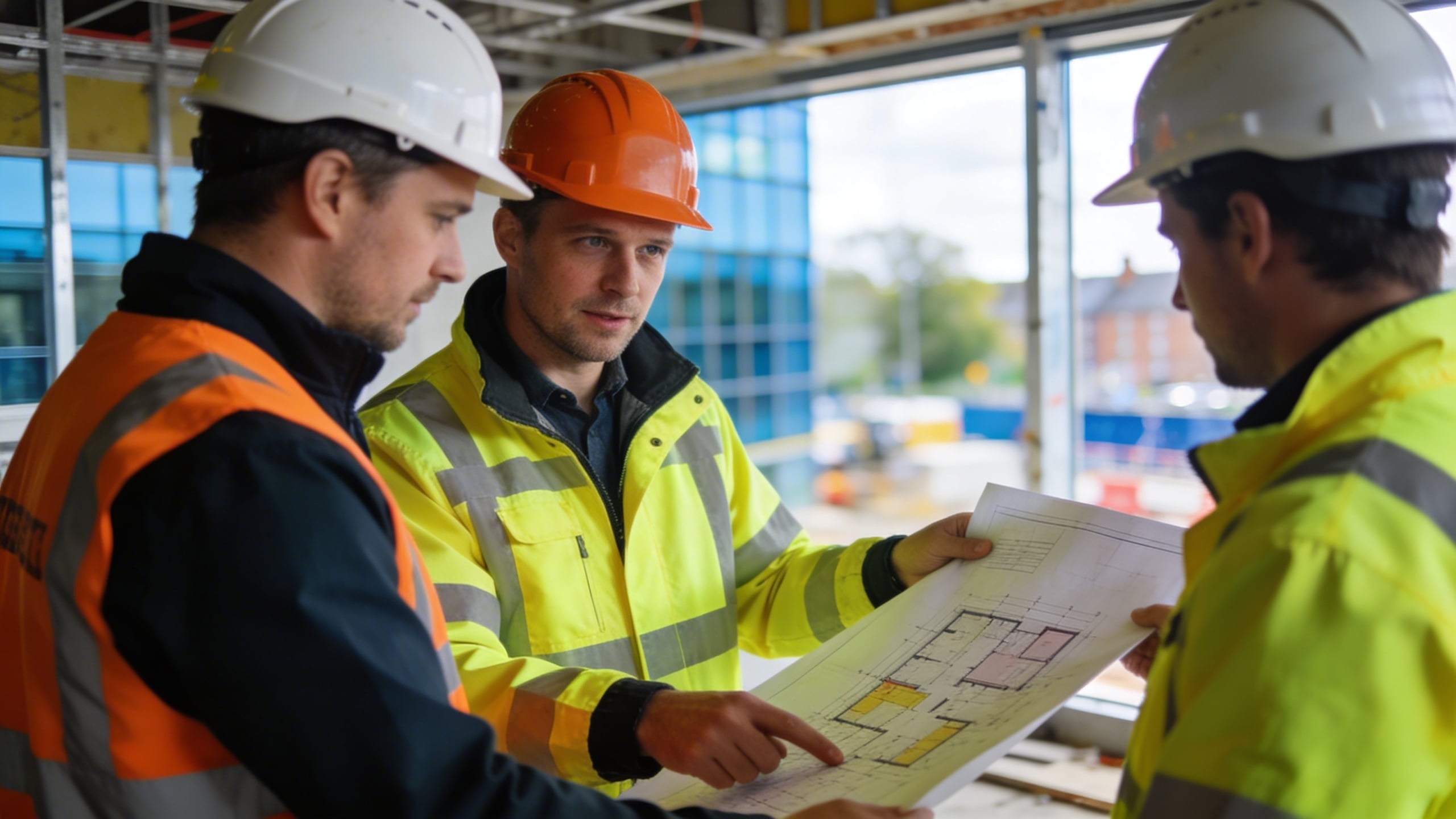Team,Of,Uk,Construction,Professionals,Reviewing,Building,Plans,On,Site, Three construction workers in high-visibility jackets and hard hats examine a large blueprint at a building site.